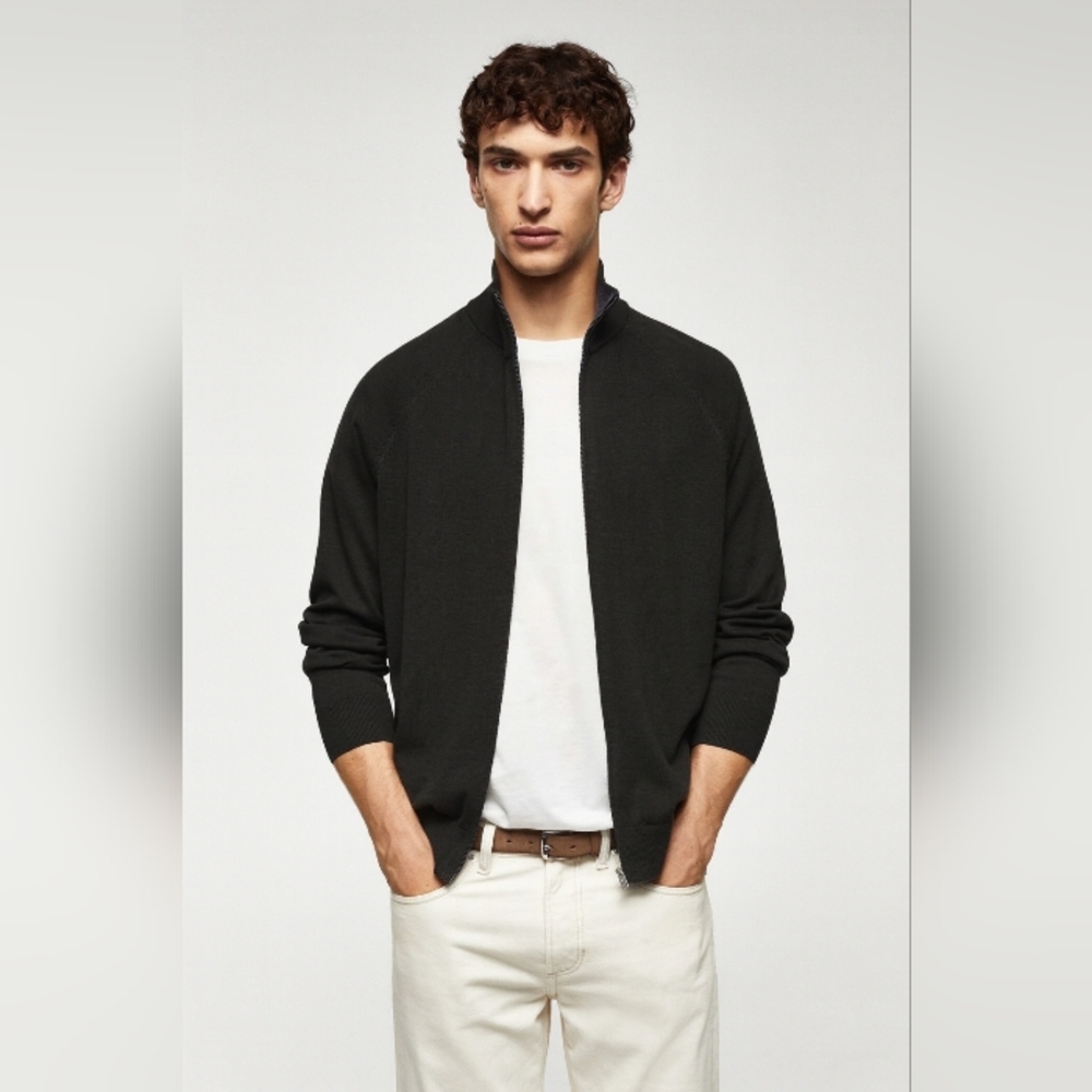 MANGO Men's Full Zip Cotton Blend Sweater Cardigan Black, Size S